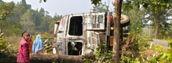 गुड़ाबांदा में बांस से लदा ट्रक पलटा, चालक घायल